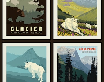 National Parks Pillow Panel Glacier by Riley Blake Designs - Montana Bears Mountain Goats Recreation Outdoors - Quilting Cotton Fabric