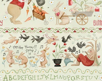 Hop Hop Hooray Bunny Border Stripe C14277 Flax by Riley Blake Designs - Easter Folk Art Rabbits - Teresa Kogut- Quilting Cotton Fabric