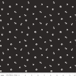 May include: Black fabric with a repeating pattern of small, white floral designs. The flowers are scattered across the dark background, creating a delicate and vintage aesthetic. The fabric is suitable for various sewing and crafting projects.