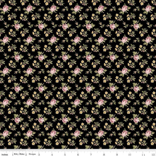 Fat Quarter End of Bolt - Midnight Garden Rose Ditsy C12544 Black by Riley Blake Designs - Floral Flowers Roses - Quilting Cotton Fabric