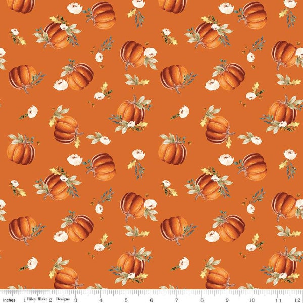 SALE Shades of Autumn Pumpkins C13471 Orange by Riley Blake Designs - Thanksgiving Fall Acorns Leaves Flowers - Quilting Cotton Fabric