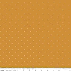 Bee Cross Stitch C745 Butterscotch by Riley Blake Designs - Cloud Off-White Xs on Gold Geometric - Lori Holt - Quilting Cotton Fabric