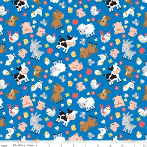 18" End of Bolt - Down on the Farm Animals C10071 Blue -Riley Blake Designs- Dogs Cows Horses Sheep Pigs Chickens -Quilting Cotton Fabric