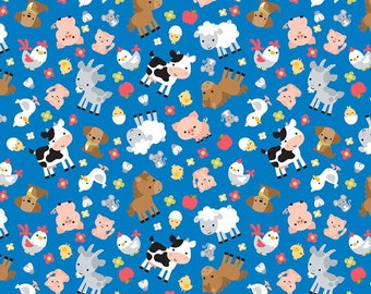 18" End of Bolt - Down on the Farm Animals C10071 Blue -Riley Blake Designs- Dogs Cows Horses Sheep Pigs Chickens -Quilting Cotton Fabric