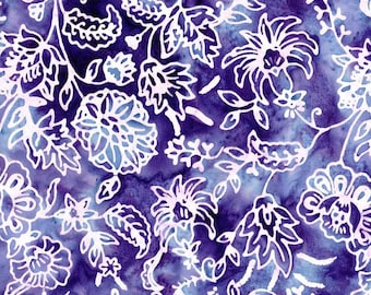 May include: Purple fabric with a white floral pattern. The fabric has a watercolor effect and features a variety of floral designs.