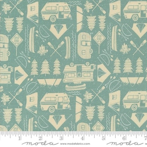May include: Teal fabric with a repeating pattern of camping-themed illustrations. The design includes RVs, tents, canoes, trees, campfires, and signs that read "OPEN ROAD". The fabric has a textured, vintage look.