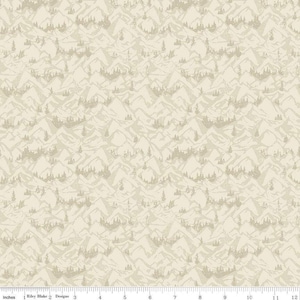 May include: A seamless fabric pattern featuring a repeating design of beige mountains and trees on a cream background.
