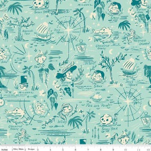 May include: A teal blue fabric with a white and teal blue pattern of a map of Neverland. The map includes locations like Skull Rock, Mermaid Lagoon, Crocodile Creek, and Jolly Roger. The map also includes characters from the story like Captain Hook, Peter Pan, and Smee.
