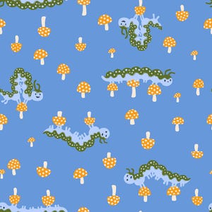 Hello Alice Caterpillar RS2127 Lindley Blue - Moda Fabrics - Mushrooms Fungi Animal - Ru- Star - Quilting Cotton Fabric