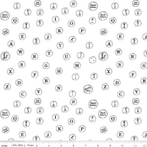 May include: Black and white typewriter keys on a white background. The keys are arranged in a random pattern and include letters, numbers, symbols, and function keys. The keys are all circular and have a raised, black lettering.