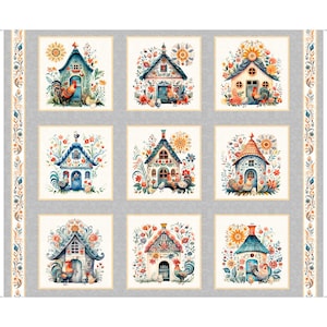 May include: A white fabric with a repeating pattern of nine colorful, whimsical houses with rooster accents. Each house is surrounded by flowers and greenery. The background is a light gray.