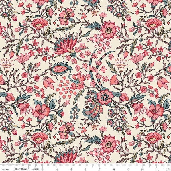SALE Jane Austen at Home C10000 Elizabeth - Riley Blake Designs - Cream Pink Historical Reproductions Flowers Floral- Quilting Cotton Fabric