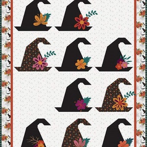 May include: A white background with black witch hats with floral accents. The hats are arranged in three rows of three. The hats have different floral patterns and colors.