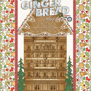 May include: A rectangular fabric panel featuring a central gingerbread house illustration with text reading CHRISTMAS GINGERBREAD HOUSE OF PURE CANDY, surrounded by a border of colorful gingerbread cookies, reindeer, and holiday motifs.