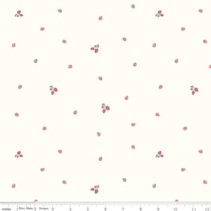 May include: Cream-colored fabric with a repeating pattern of pink strawberries and small green leaves. The strawberries are scattered across the surface, with some grouped in small clusters. The fabric is measured in inches.