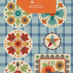 May include: A set of five punch needle patterns featuring autumn themes. The patterns include a sunflower, a star, a pumpkin, a leaf design, and a design with acorns. The patterns are on a blue and white gingham background. The title "AUTUMN Punch Needle Patterns by Lori Holt of Bee in my Bonnet" is at the top of the image.