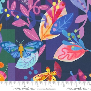 Flower Patches Butterfly 21820 Midnight - Moda Fabrics - Abstract Leaves Watercolor Stems - Quilting Cotton Fabric