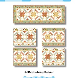 May include: A quilt pattern titled "Sunflower Charm" by Heidi Pridemore. The image shows a runner (41" x 14") and place mats (18" x 14") with a star and sunflower design. The skill level is advanced beginner. The Whimsical Workshop logo is also visible.