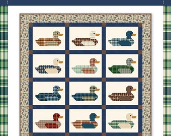 May include: A quilt pattern titled "Plaid Mallards" featuring a grid of duck illustrations with plaid patterns in various colors. The quilt size is 64.5" x 78". The Bluebird Patterns logo is in the upper left corner.