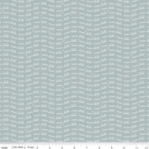May include: Fabric with a repeating pattern of the phrase "mon bébé" in a handwritten style, in white on a muted teal background. The text is arranged in wavy lines, creating a soft, flowing design.