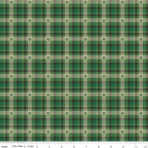 May include: Green, brown, and cream plaid fabric with a repeating pattern of a small, stylized bear head.