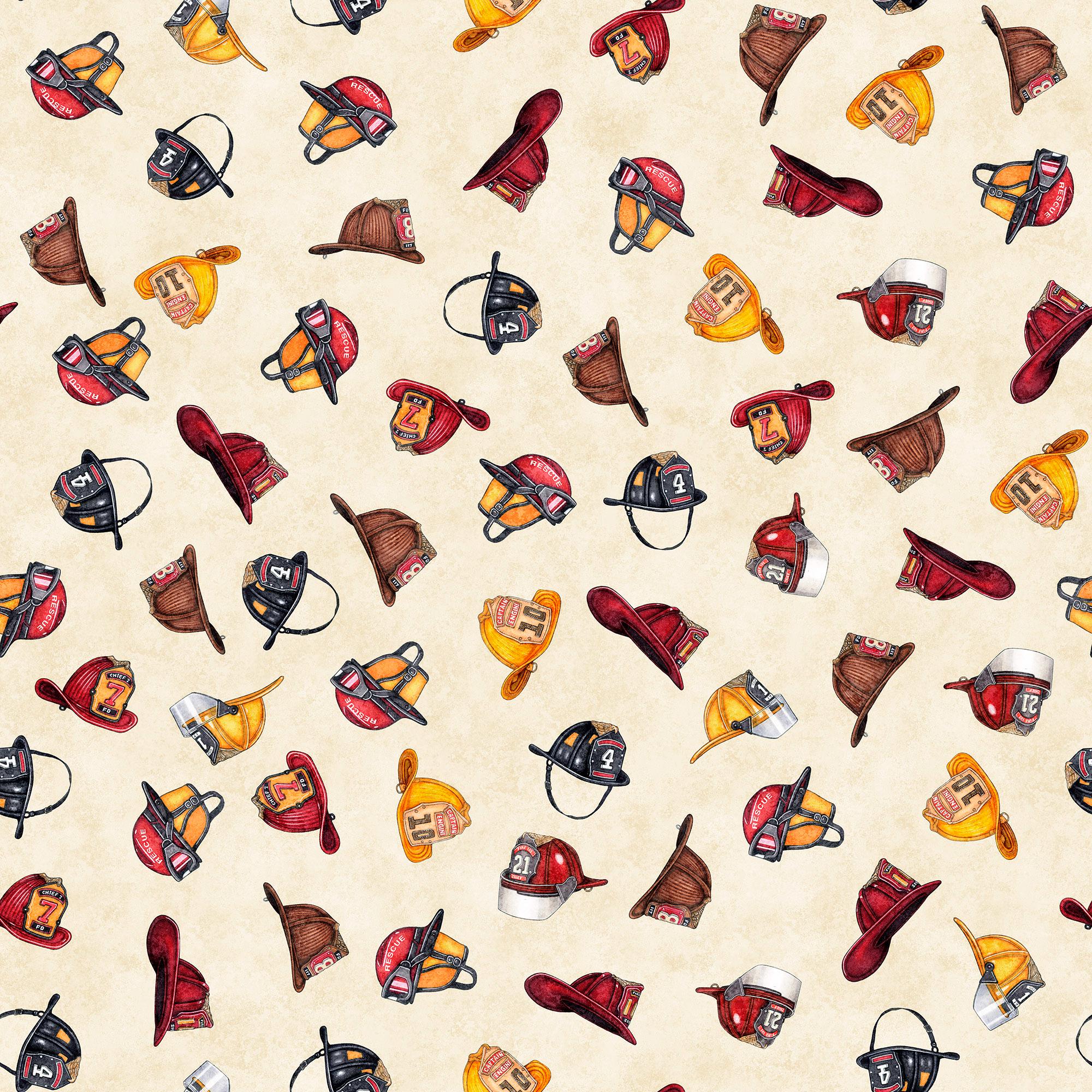 American Heroes Firefighter Firefighter Hat 30683 Cream E - by QT Fabrics - Scattered Hats - Quilting Cotton Fabric