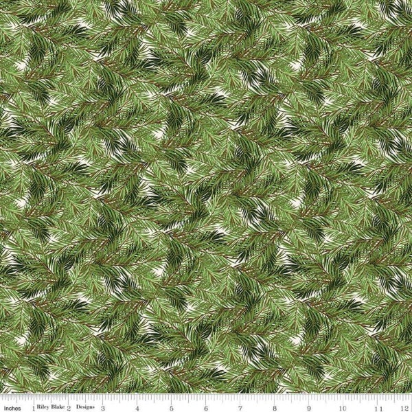 Christmas Memories Pine Branches Cream - Riley Blake Designs - Green Floral Trees  - Quilting Cotton Fabric