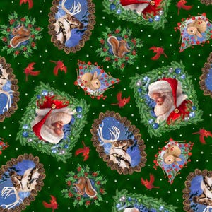 Season Of Giving Santa & Animal Portrait Toss 31020 Evergreen F - QT Fabrics - Animals Santa Hats Christmas - Quilting Cotton Fabric