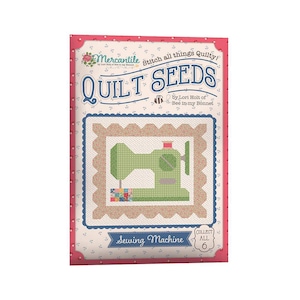 May include: A green and brown sewing machine quilt block pattern with the text "Quilt Seeds" and "Sewing Machine". The pattern is part of a collection called "Bee in my Bonnet" by Lori Holt.