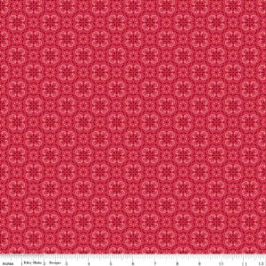 May include: A vibrant red fabric with a repeating floral pattern. The design features stylized four-petal flowers and small white dots, creating a symmetrical and detailed overall look. The fabric is measured in inches.