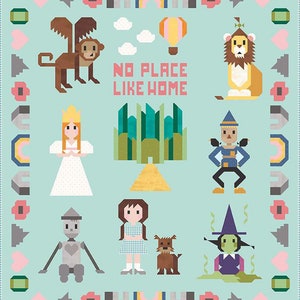May include: A colorful pixel art illustration of characters from the Wizard of Oz. The image features Dorothy, the Scarecrow, the Tin Man, the Cowardly Lion, the Wicked Witch of the West, Toto, and the Flying Monkeys. The text "No Place Like Home" is written in the center of the image.
