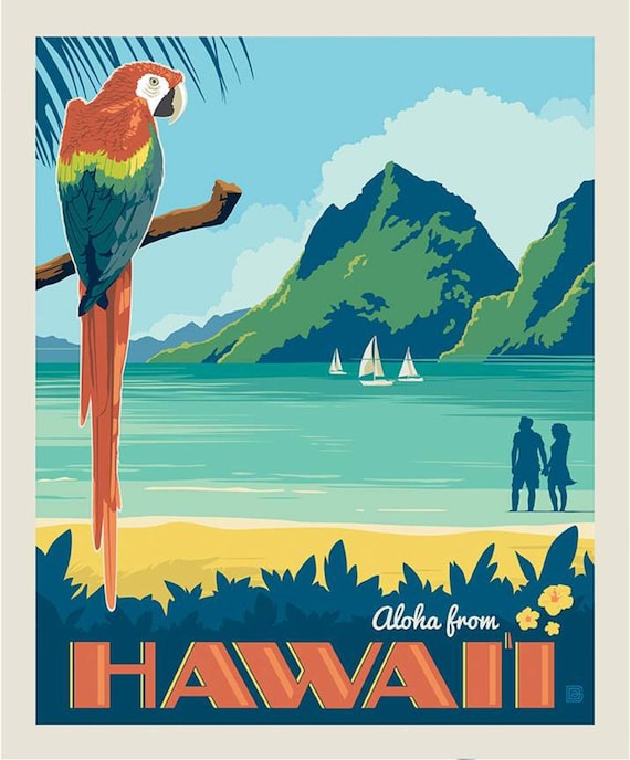 SALE Destinations Poster Panel P10163 Hawaii by Riley Blake Designs Beach  Parrot Mountains Aloha From Hawaii Quilting Cotton Fabric 