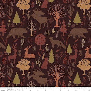 May include: A fabric with a repeating pattern of forest animals and trees in shades of brown, tan, and green on a dark brown background. The design includes bears, deer, moose, and foxes.