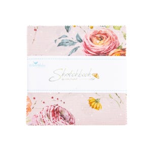 May include: A stack of fabric squares with a floral pattern in pink, orange, and green. The fabric is wrapped with a white band that reads "Sketchbook" by Lisa Audit. The Riley Blake Designs logo is visible.