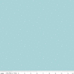 May include: A light blue fabric with a white polka dot pattern. The fabric is perfect for quilting, crafts, and other sewing projects.