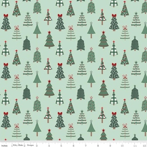 May include: A light mint green fabric featuring a repeating pattern of various stylized Christmas trees in shades of dark green and white. The trees include designs with red bows, red stars, white polka dots, and white buffalo check patterns.