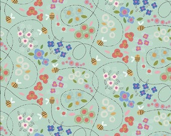 Bee Beary Happy Bees & Floral 31673 Dusty Aqua Q - QT Fabrics - Flowers Blossoms Leaf Leaves - Quilting Cotton Fabric