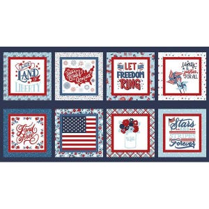 May include: Nine red, white, and blue patterned fabric squares with patriotic text and images. The squares feature phrases like "Land of Liberty", "Let Freedom Ring", and "Stars and Stripes Forever".