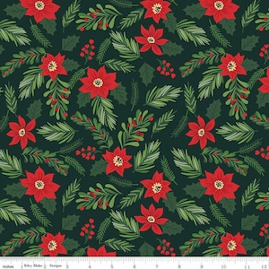 May include: A seamless pattern featuring red poinsettia flowers, green holly leaves, and pine branches on a dark green background.