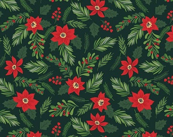 11" End of Bolt - The Magic of Christmas Main C13640 Dark Green - Riley Blake - Floral Flowers Poinsettias Leaves Berries - Quilting Cotton