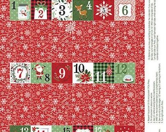 May include: A red and green Christmas advent calendar with 24 numbered squares. Each square has a different festive image, such as a snowman, a stocking, and a Christmas tree. The calendar is decorated with a red truck carrying presents and the words "Merry Christmas".