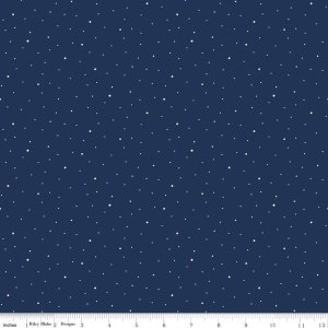 May include: A navy blue fabric with a white polka dot pattern. The dots are evenly spaced and create a starry night effect.