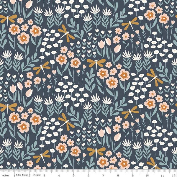 SALE FLANNEL Little Swan Lakeside Floral F14693 Navy - Riley Blake Designs - Flowers Dragonflies - FLANNEL Cotton Fabric