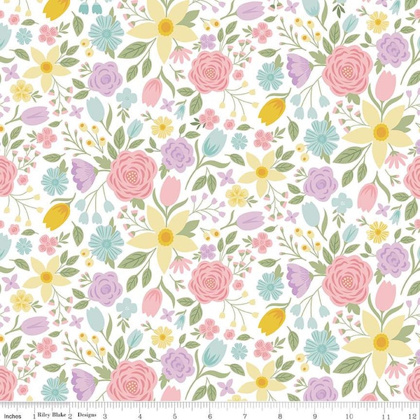 SALE Bunny Trail Main C14250 White by Riley Blake Designs - Easter Floral Flowers - Quilting Cotton Fabric