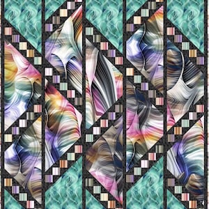 May include: A quilt with a geometric pattern of triangles and squares. The fabric is a swirling mix of blues, pinks, and greens.