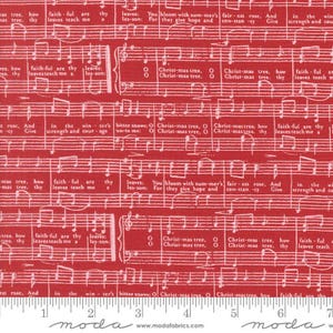 May include: Red fabric with white musical notes and lyrics. The fabric features phrases like "Christ-mas tree" and "faithful are thy leaves teach me". The fabric is suitable for quilting and crafting projects.