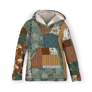 May include: A patchwork hoodie in a variety of earth tones, including brown, green, and tan. The hoodie features a hood with a cream-colored lining and a kangaroo pocket. The fabric is patterned with nature-themed designs, such as leaves and animals.