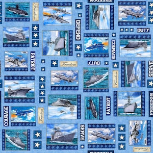 May include: A blue and white fabric with a repeating pattern of military aircraft, ships, and stars. The fabric features the words "Freedom", "Courage", "Duty", "Serve", and "Patriot".