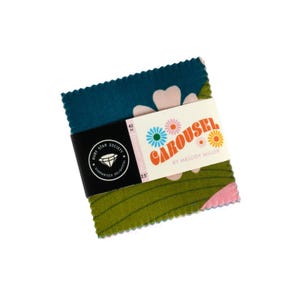 May include: A pack of 42 2.5-inch fabric squares featuring a colorful floral pattern with a teal, green, pink, and white color scheme. The fabric squares are labeled "Carousel by Melody Miller".