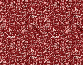 Christmas Traditions Words Red - Riley Blake Designs - Cream Christmas Sayings Phrases Sprigs Text on Red  - Quilting Cotton Fabric